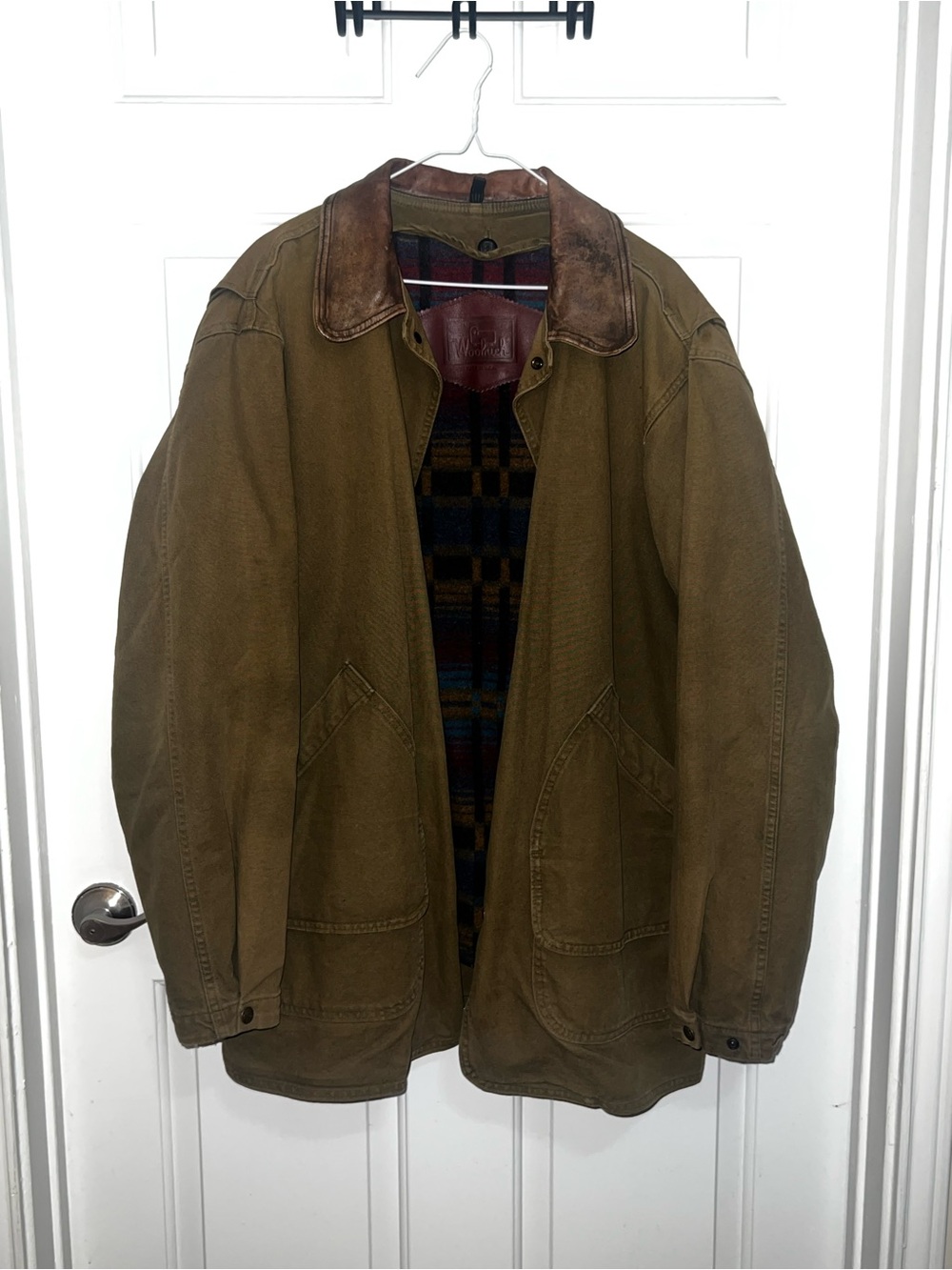 VINTAGE Woolrich Coat Men L Brown Canvas Barn Chore Jacket Wool Liner Aztec USA
